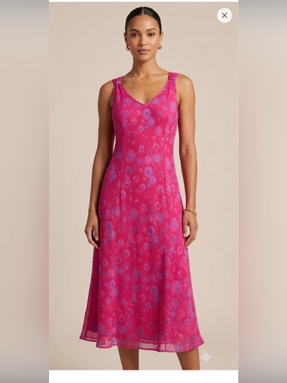 Bright Pink Sleeveless V-Neck Maxi Dress with Lavender Dot Print